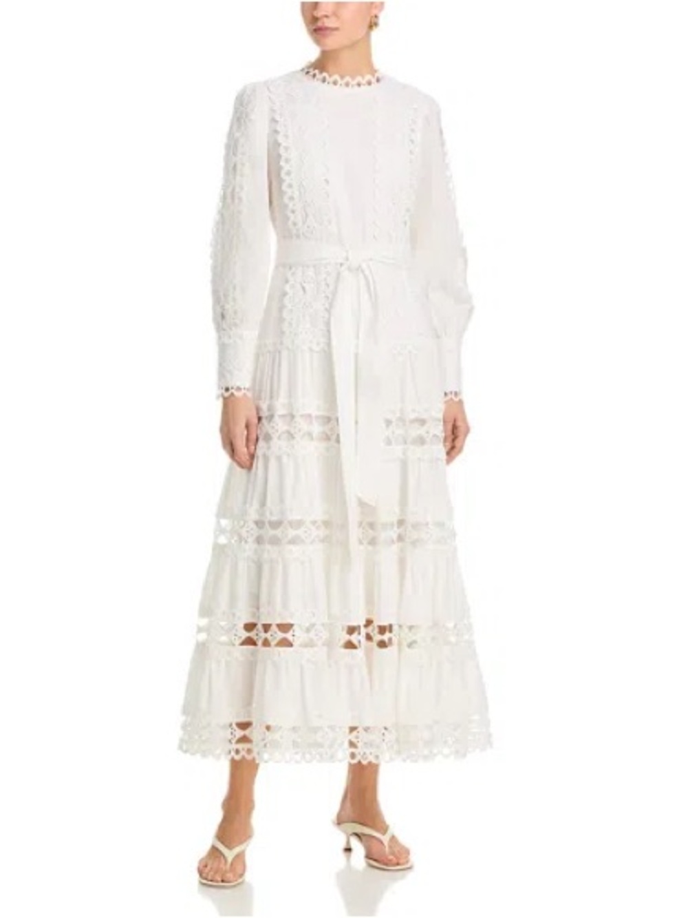 White Lace Long-Sleeve Maxi Dress with Tie Waist